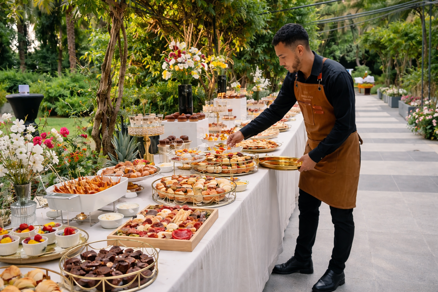 Montaje de buffet en jardín elegante